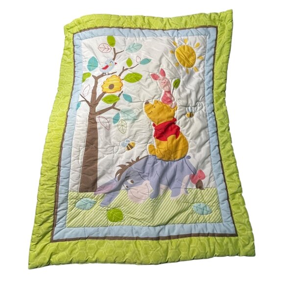 Vintage Disney Baby Winnie The Pooh Green Crib Quilt - Pooh, Piglet, Eeyore - Picture 1 of 6
